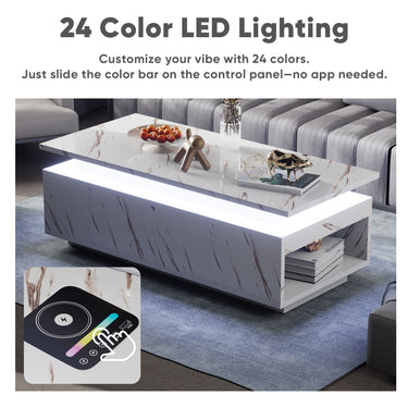 Save 50% - LED Coffee Table with Wireless Charging & Built-in Speaker, Modern High-Gloss Center Table with Storage for Living Room - Belord