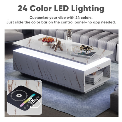 Save 50% - LED Coffee Table with Wireless Charging & Built-in Speaker, Modern High-Gloss Center Table with Storage for Living Room