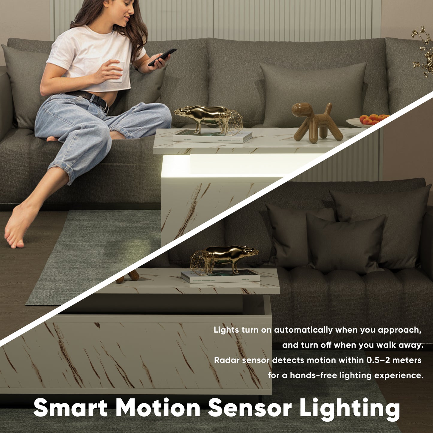 Save 50% - LED Coffee Table with Wireless Charging & Built-in Speaker, Modern High-Gloss Center Table with Storage for Living Room