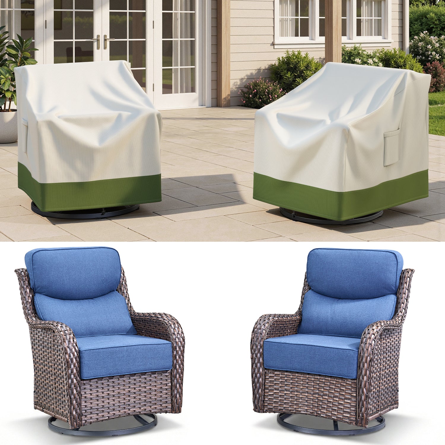 Beord waterproof beige-green patio chair covers for conversation sets, measuring 35.4 inches in length and width, 35 inches high.