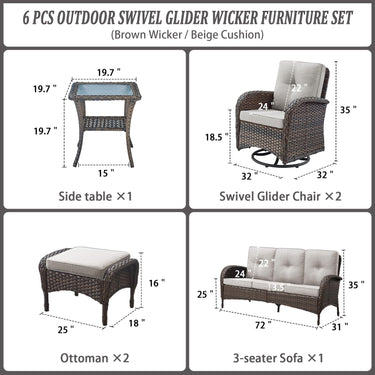 Patio Conversation Set 6-Piece with Sofa, Swivel Glider Chairs, Side Table, and Ottoman, NDS Series - Belord