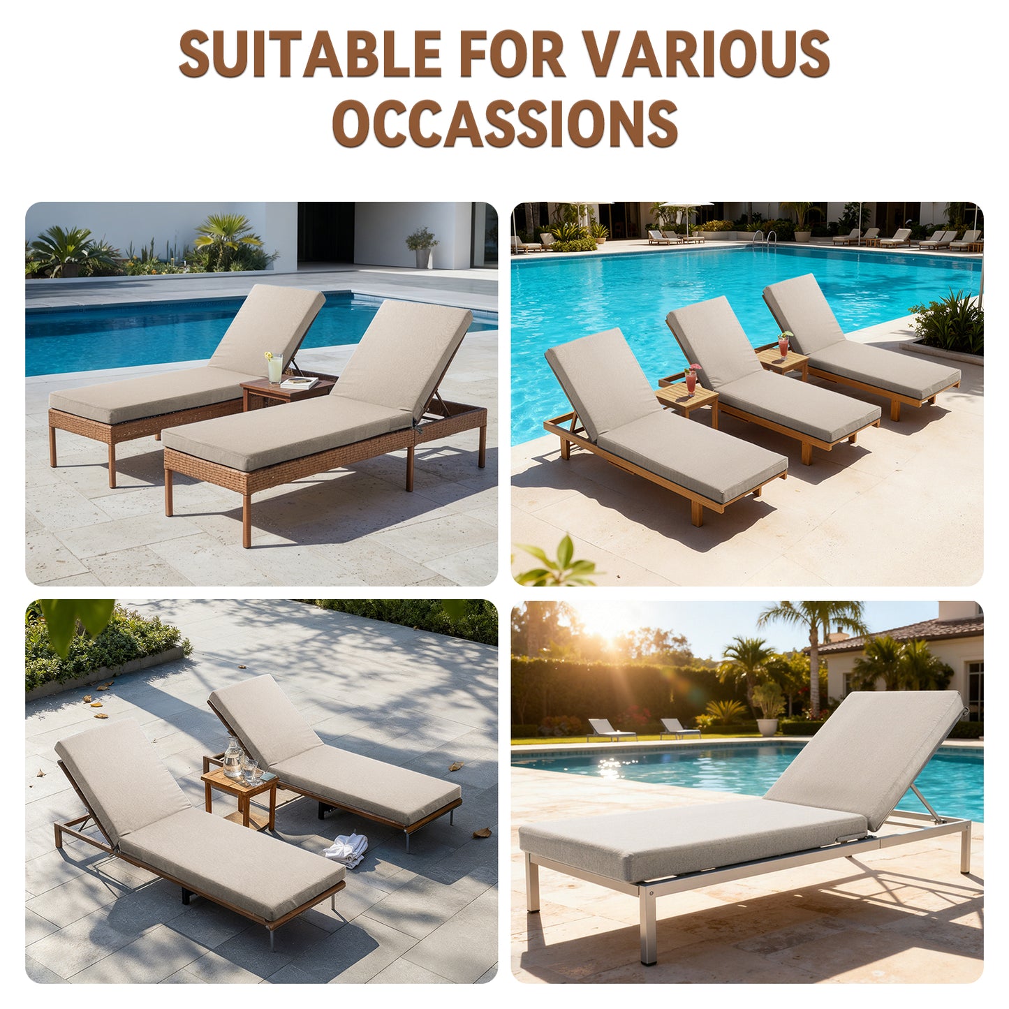 Belord Outdoor Chaise Lounge Cushions, Set of 3 – 72"x22"x3.5" Removable Cover, 28D High-Density Waterproof Patio Lounger Pads for Poolside