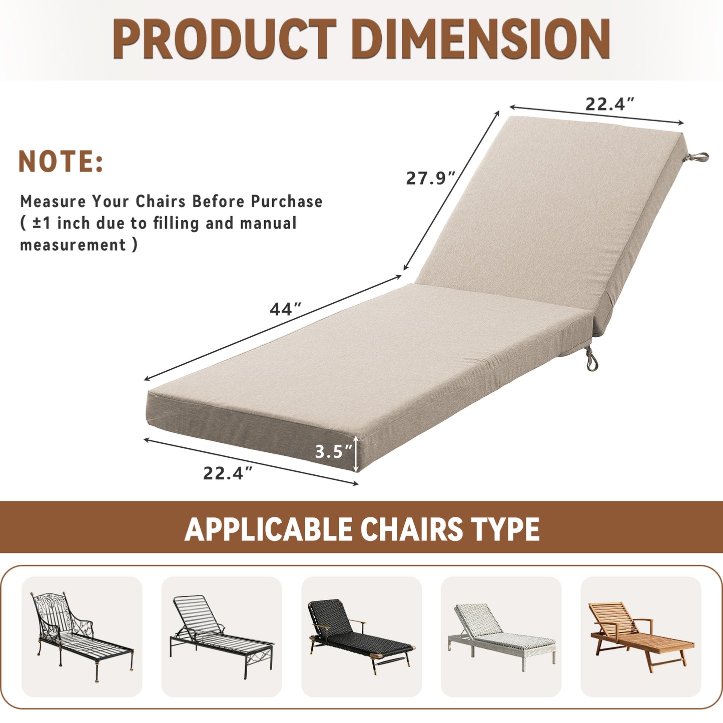 Belord Outdoor Chaise Lounge Cushions, Set of 3 – 72"x22"x3.5" Removable Cover, 28D High-Density Waterproof Patio Lounger Pads for Poolside