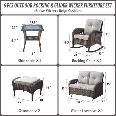 Patio Conversation Set 6-Piece with Glider Loveseat, Rocking Chairs, Side Table, and Ottoman, NDS Series - Belord