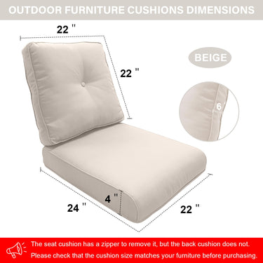 Outdoor Furniture Cushions with Removable Covers - Set of 6 (3 Seat & 3 Back) 22x24x4 Inch Patio Pillows - Belord