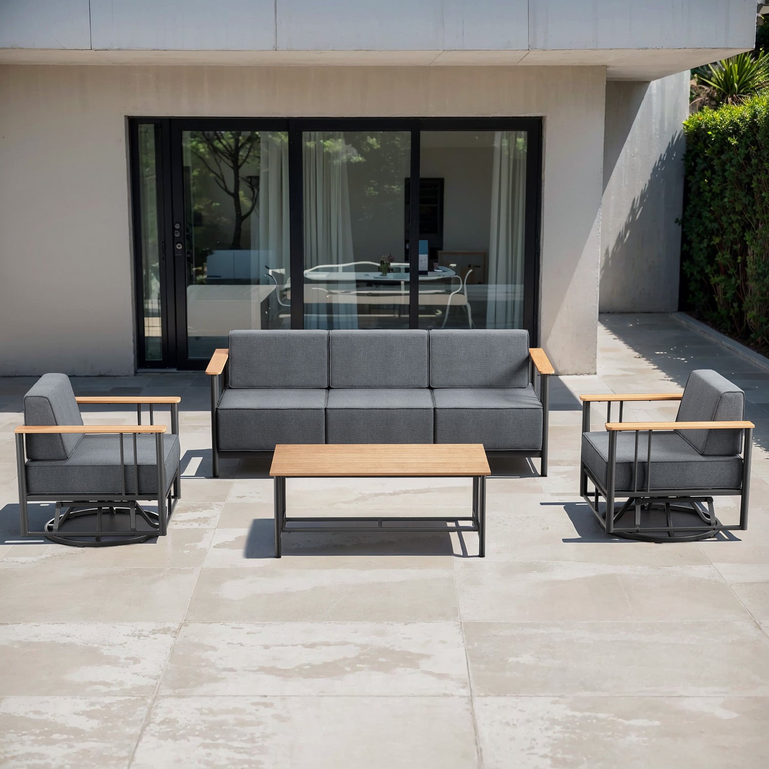 BINGLI Premium 4-Piece Patio Seating Set - 2 Swivel Chairs + Sofa & Coffee Table - 10 Inch Thick Cushions with Commercial-Grade Weather Resistance - Belord