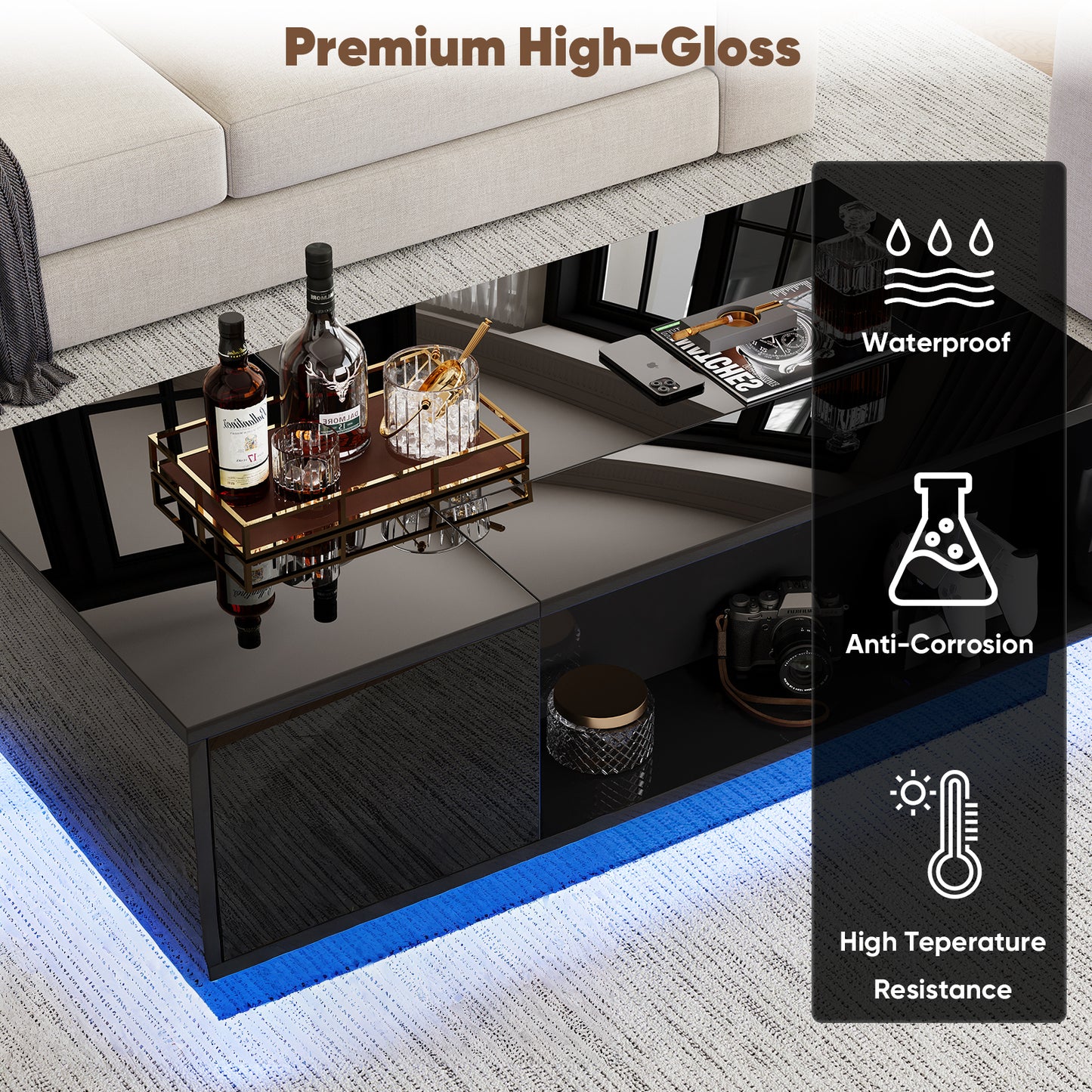 Save 50% - 47" Modern LED Coffee Table with Lift Top – All-Black High-Gloss Design, Hidden Storage, Drawer, Open Shelves & Built-In Power Outlet