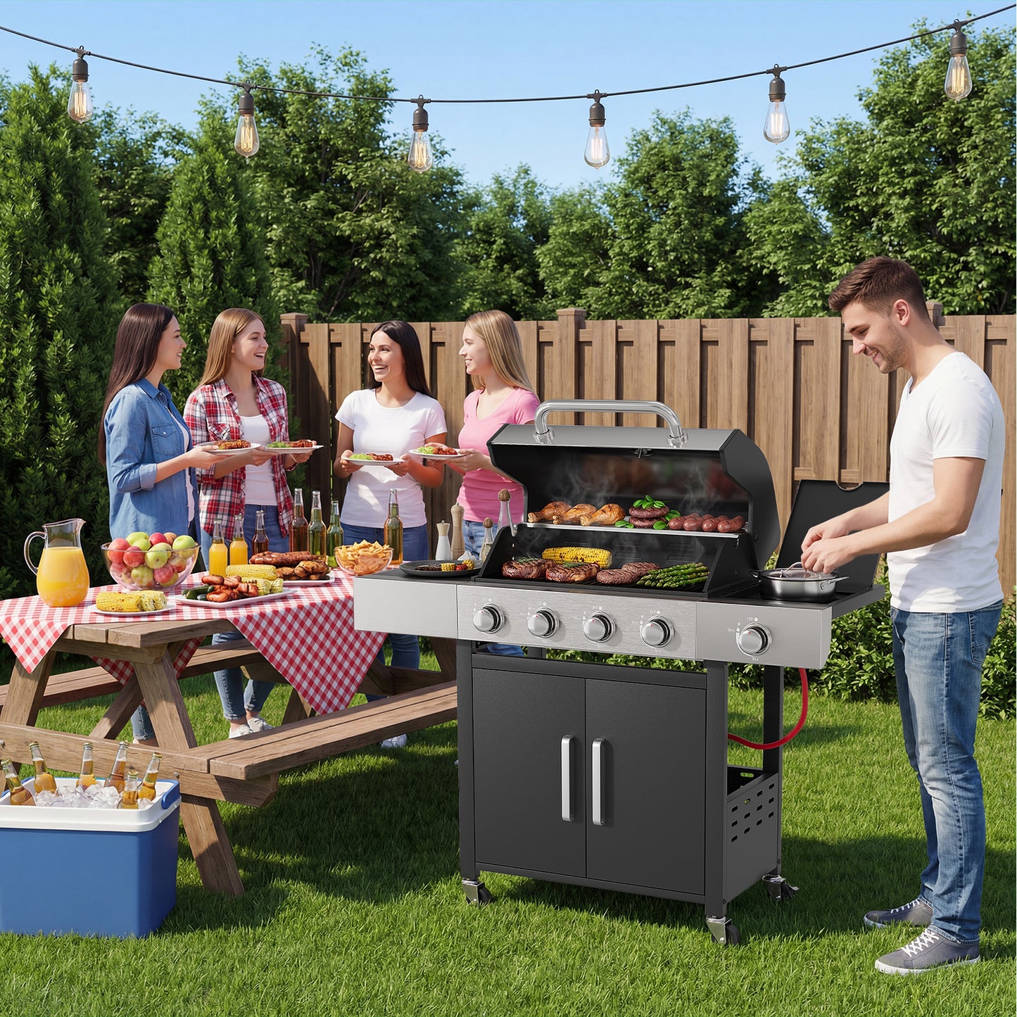 Belord 4-Burner Propane Gas Grill with Side Burner, 44,000 BTU Outdoor BBQ Grill with Cast Iron Grates