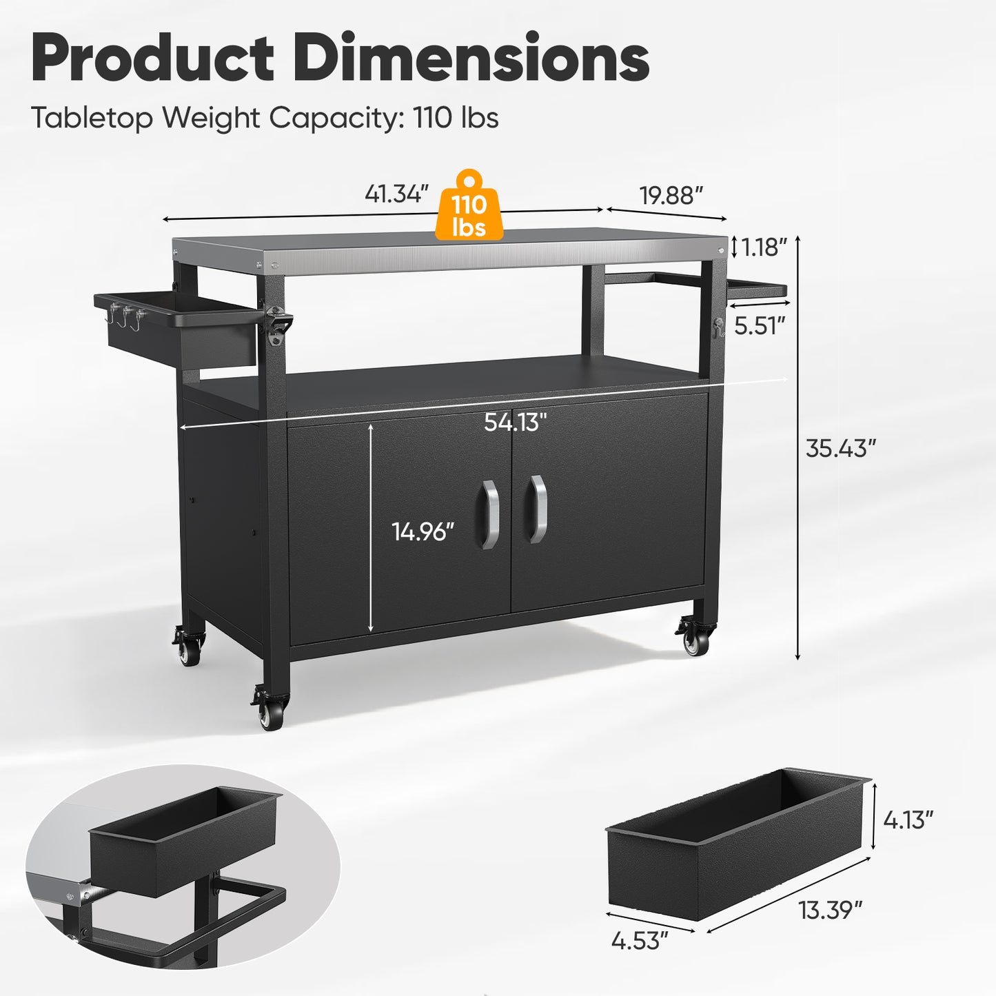 52" Black Outdoor Kitchen Island with Stainless Steel Tabletop, Metal Grill Cart with Storage Cabinet & 4 Lockable Wheels