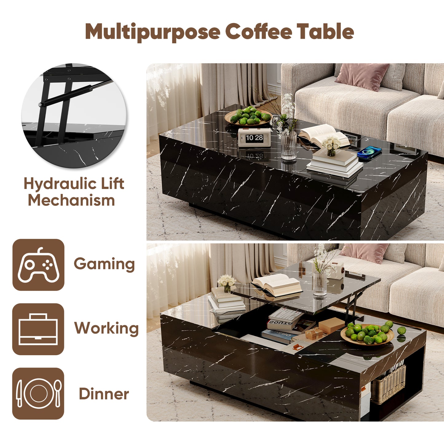 Save 50% - 47.2" LED Lift Top Coffee Table with Wireless Charging & Bluetooth Speaker – Smart Living Room Table with Drawers and Large Storage