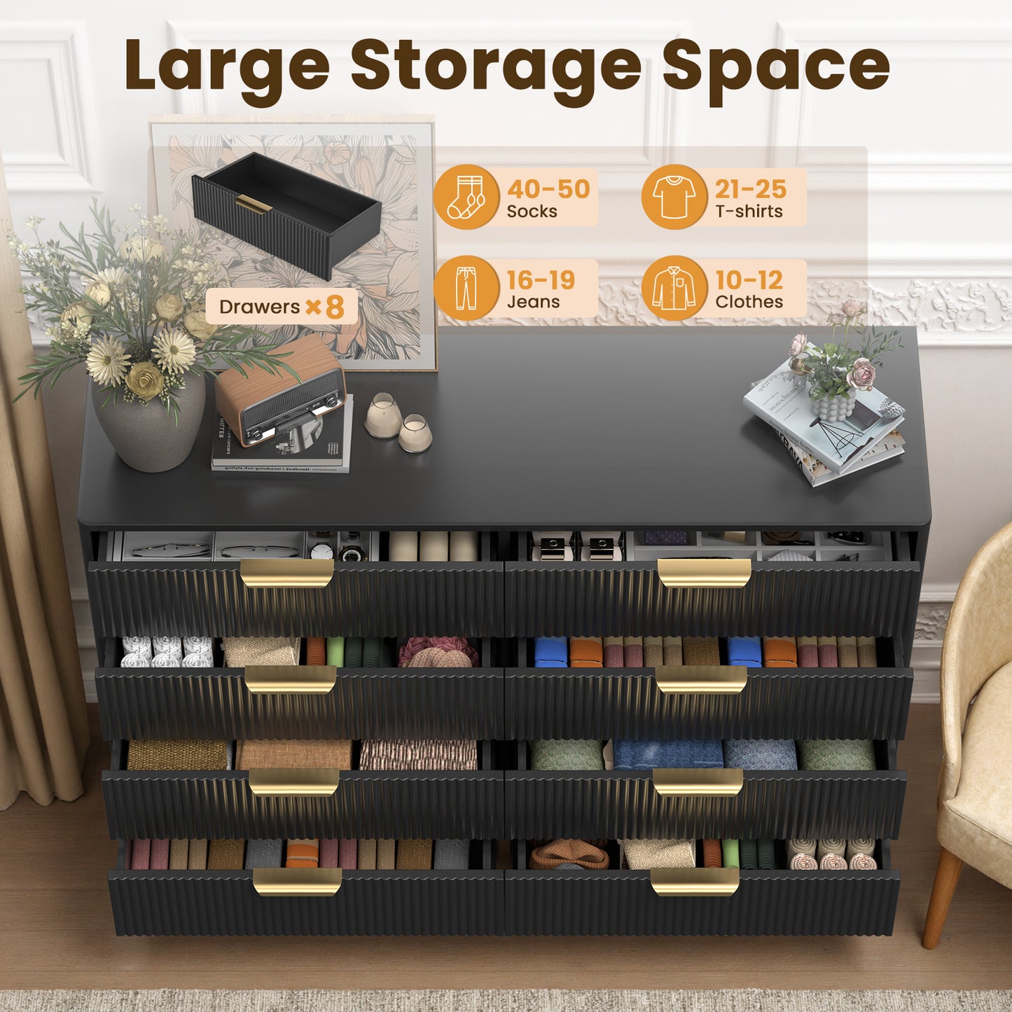 Save 50% - 47" Modern Wood Dresser with 8 Drawers – Fluted Boho Design, Chest of Drawers for Bedroom