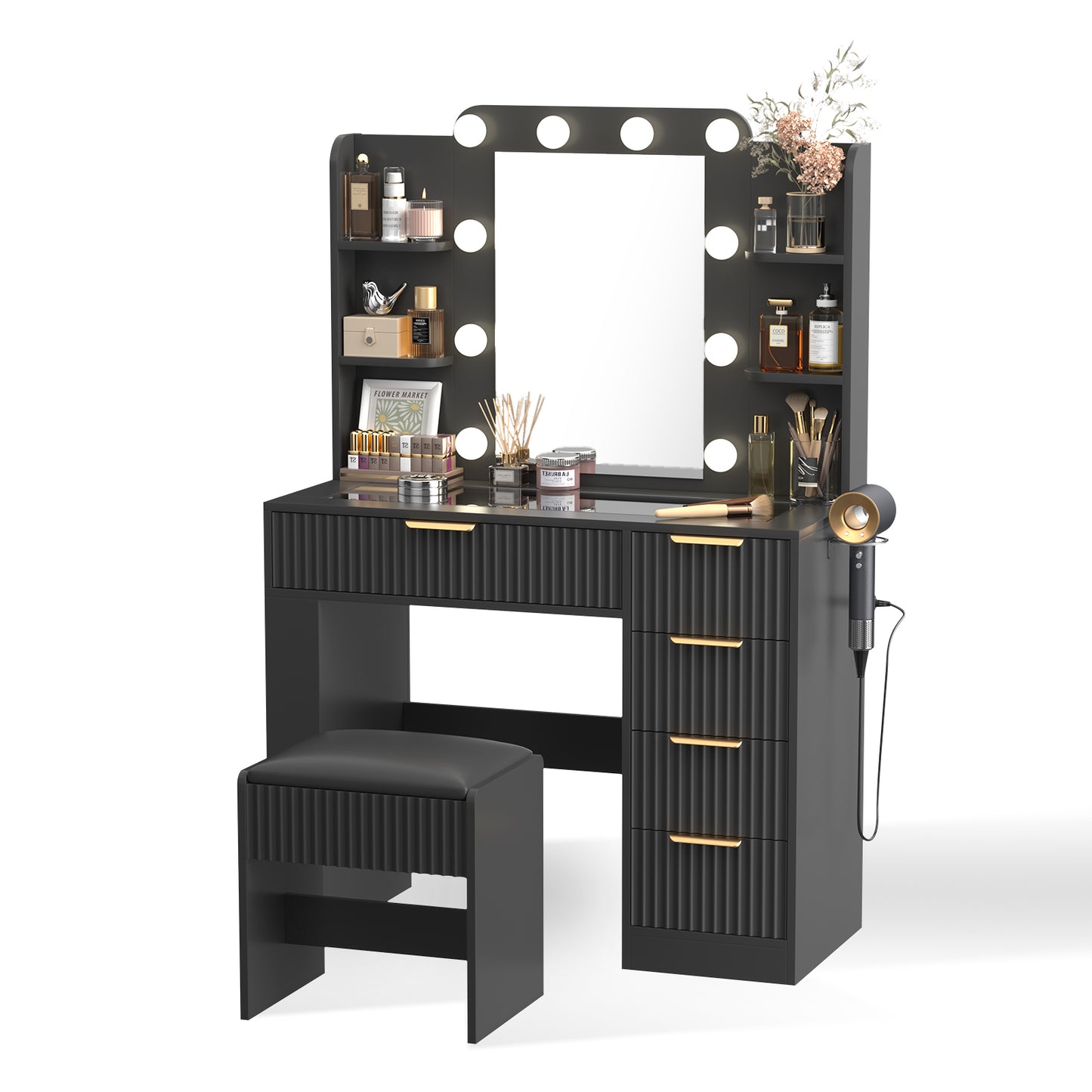 Save 50% - 37" Fluted Makeup Vanity Desk with LED Mirror, 5 Drawers & Glass Top, Vanity Table with Cabinet, Chair and Charging Station, 3 Light Modes for Bedroom