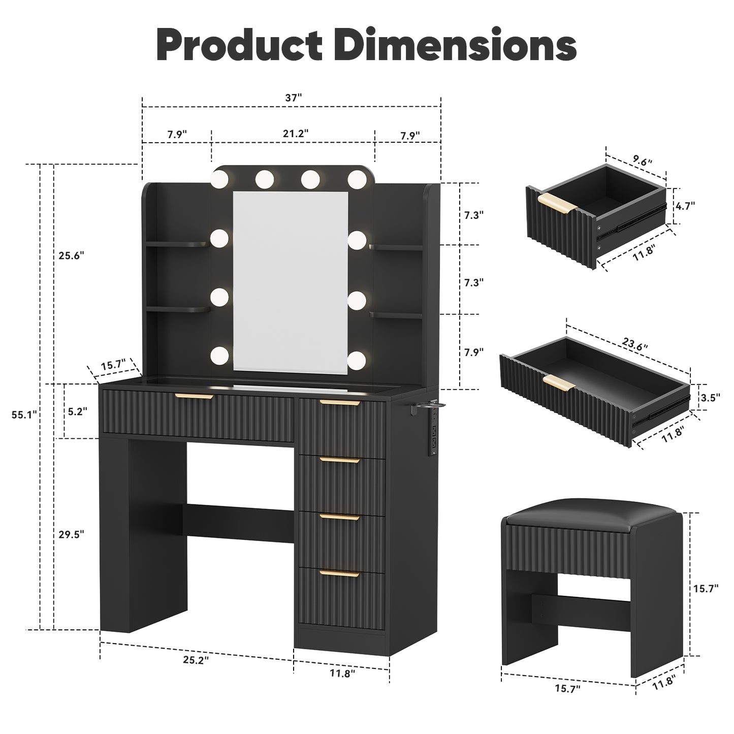 Save 50% - 37" Fluted Makeup Vanity Desk with LED Mirror, 5 Drawers & Glass Top, Vanity Table with Cabinet, Chair and Charging Station, 3 Light Modes for Bedroom