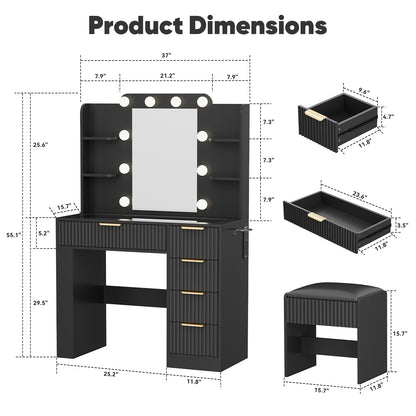 Save 50% - 37" Fluted Makeup Vanity Desk with LED Mirror, 5 Drawers & Glass Top, Vanity Table with Cabinet, Chair and Charging Station, 3 Light Modes for Bedroom