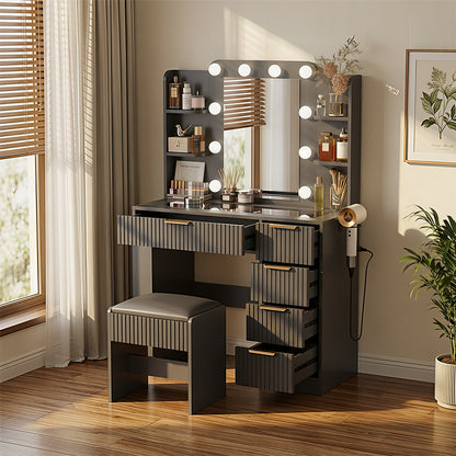 Save 50% - 37" Fluted Makeup Vanity Desk with LED Mirror, 5 Drawers & Glass Top, Vanity Table with Cabinet, Chair and Charging Station, 3 Light Modes for Bedroom