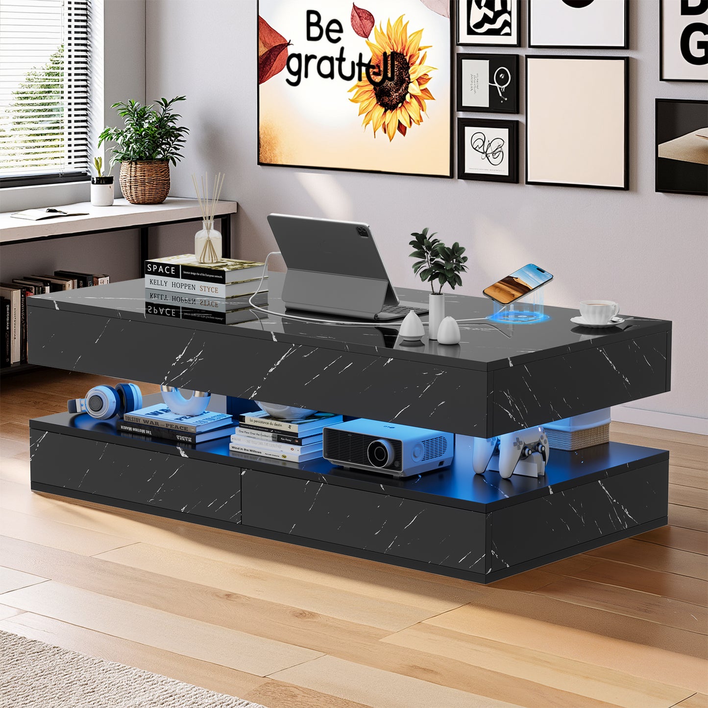 Save 50% - 47" Modern LED Coffee Table with Wireless Charging & Bluetooth Speaker – High-Gloss Double-Layer Design with 2 Drawers and Marble Effect Finish