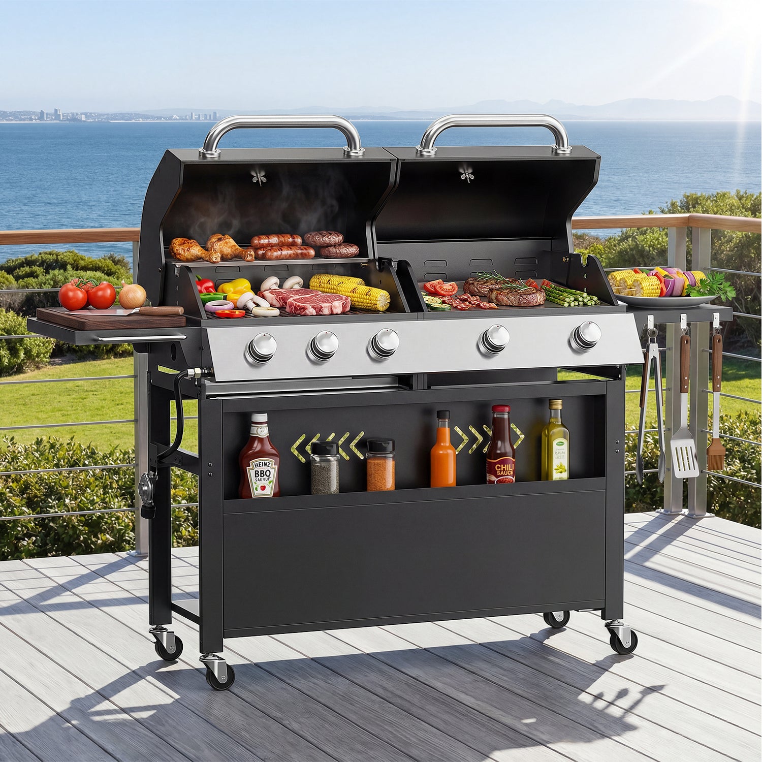 Black Belord 2-in-1 outdoor gas griddle with dual covers, foldable side table, and hooks for camping and backyard barbecues.