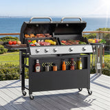 Black Belord 2-in-1 outdoor gas griddle with dual covers, foldable side table, and hooks for camping and backyard barbecues.