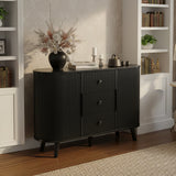 Black 47-inch Belord sideboard buffet cabinet with fluted tambour doors, adjustable shelves, and three drawers for modern kitchen storage.