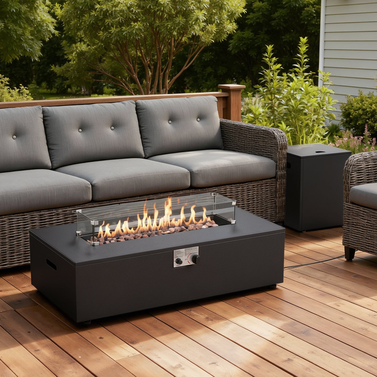 43" Rectangular Propane Outdoor Fire Pit Table, 55,000 BTU Firepit with Tank Storage Table & Waterproof Cover