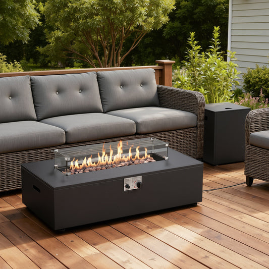 43" Rectangular Propane Outdoor Fire Pit Table, 55,000 BTU Firepit with Tank Storage Table & Waterproof Cover