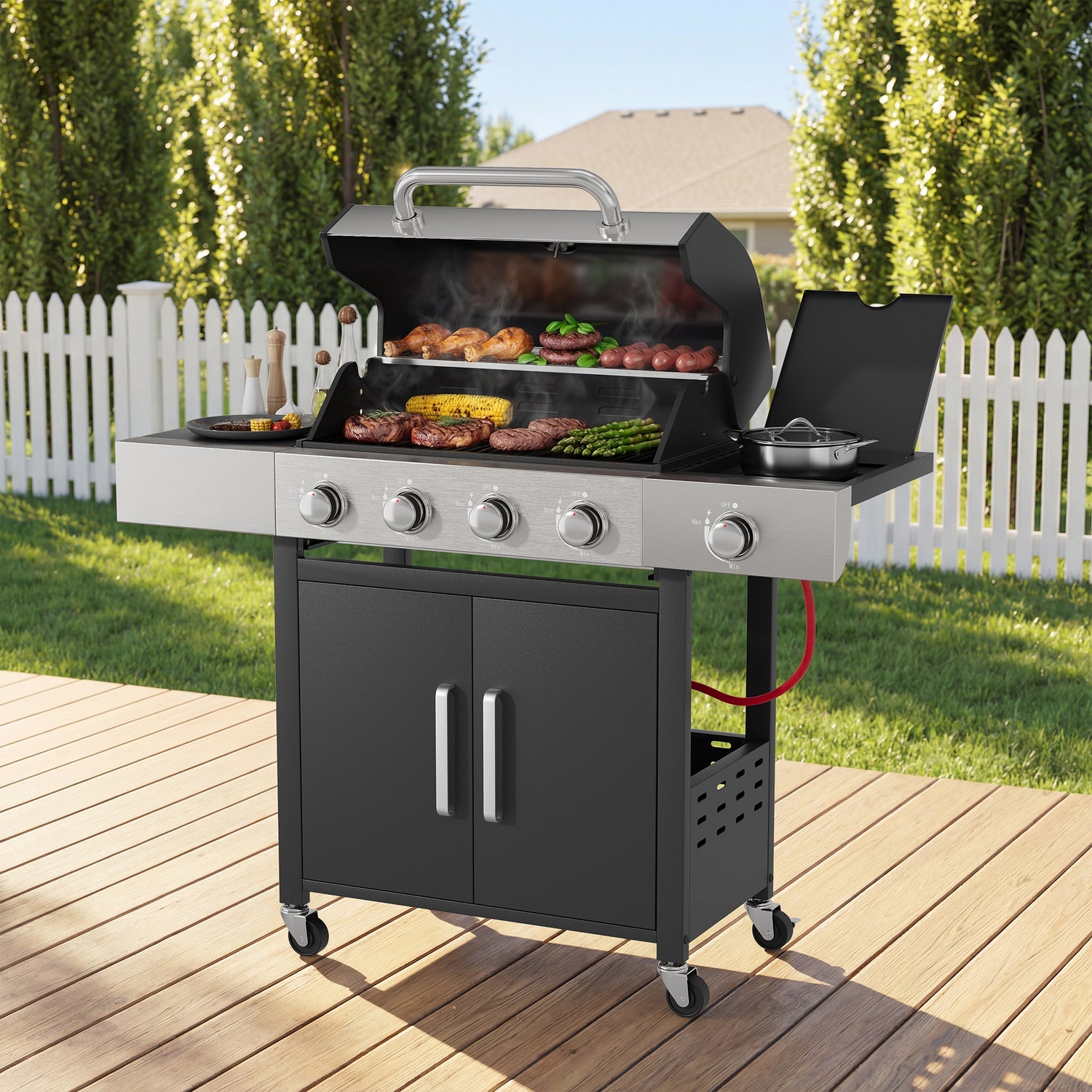 Black Belord 4-burner propane gas grill with side burner, cast iron grates, and 44,000 BTU outdoor BBQ grill for outdoor cooking