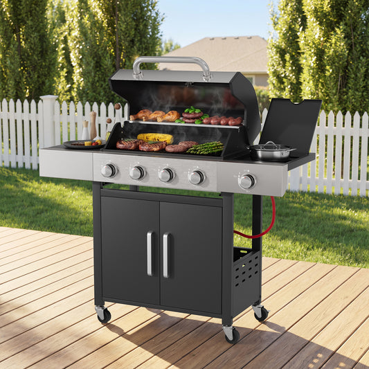 Belord 4-Burner Propane Gas Grill with Side Burner, 44,000 BTU Outdoor BBQ Grill with Cast Iron Grates