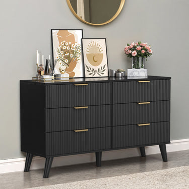 Black 47-inch Belord modern wood dresser with six drawers, featuring a fluted boho design, ideal for bedroom storage.