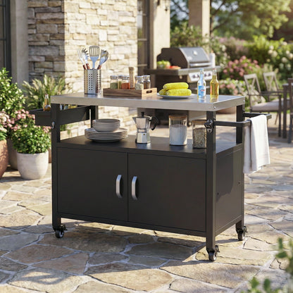 52" Black Outdoor Kitchen Island with Stainless Steel Tabletop, Metal Grill Cart with Storage Cabinet & 4 Lockable Wheels
