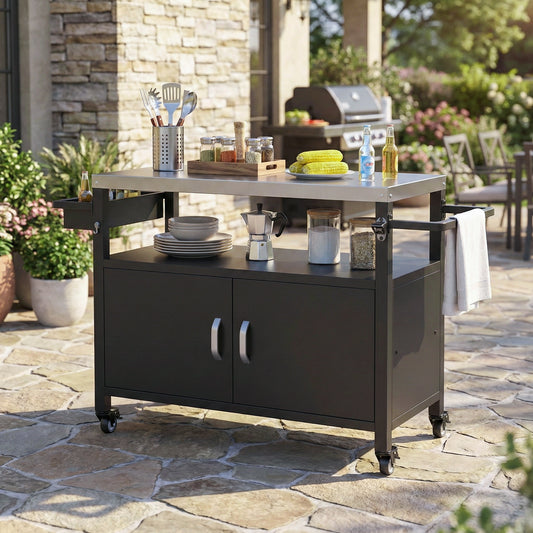 52" Black Outdoor Kitchen Island with Stainless Steel Tabletop, Metal Grill Cart with Storage Cabinet & 4 Lockable Wheels