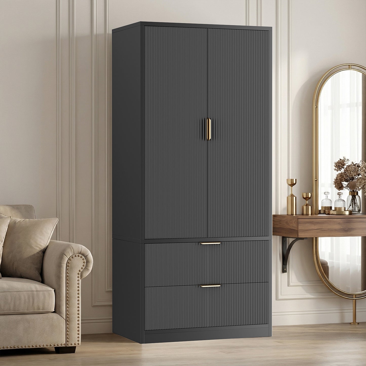 Save 50% - 70" Modern Wooden Wardrobe Closet with 2 Doors & 2 Drawers – Clothing Storage Armoire with Hanging Rod and Gold Handles for Bedroom