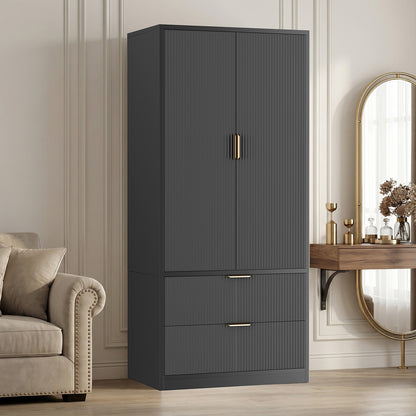 Save 50% - 70" Modern Wooden Wardrobe Closet with 2 Doors & 2 Drawers – Clothing Storage Armoire with Hanging Rod and Gold Handles for Bedroom