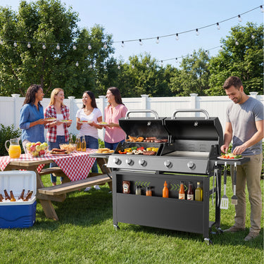 Black Belord 2-in-1 outdoor gas griddle with dual covers, foldable side table, and hooks for camping and backyard barbecues.