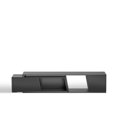Black Belord extendable TV stand with sliding doors, minimalist rectangular entertainment cabinet for modern living room setup.