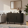 Black 47-inch Belord sideboard buffet cabinet with fluted tambour doors, adjustable shelves, and three drawers for modern kitchen storage