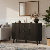 Black 47-inch Belord sideboard buffet cabinet with fluted tambour doors, adjustable shelves, and three drawers for modern kitchen storage