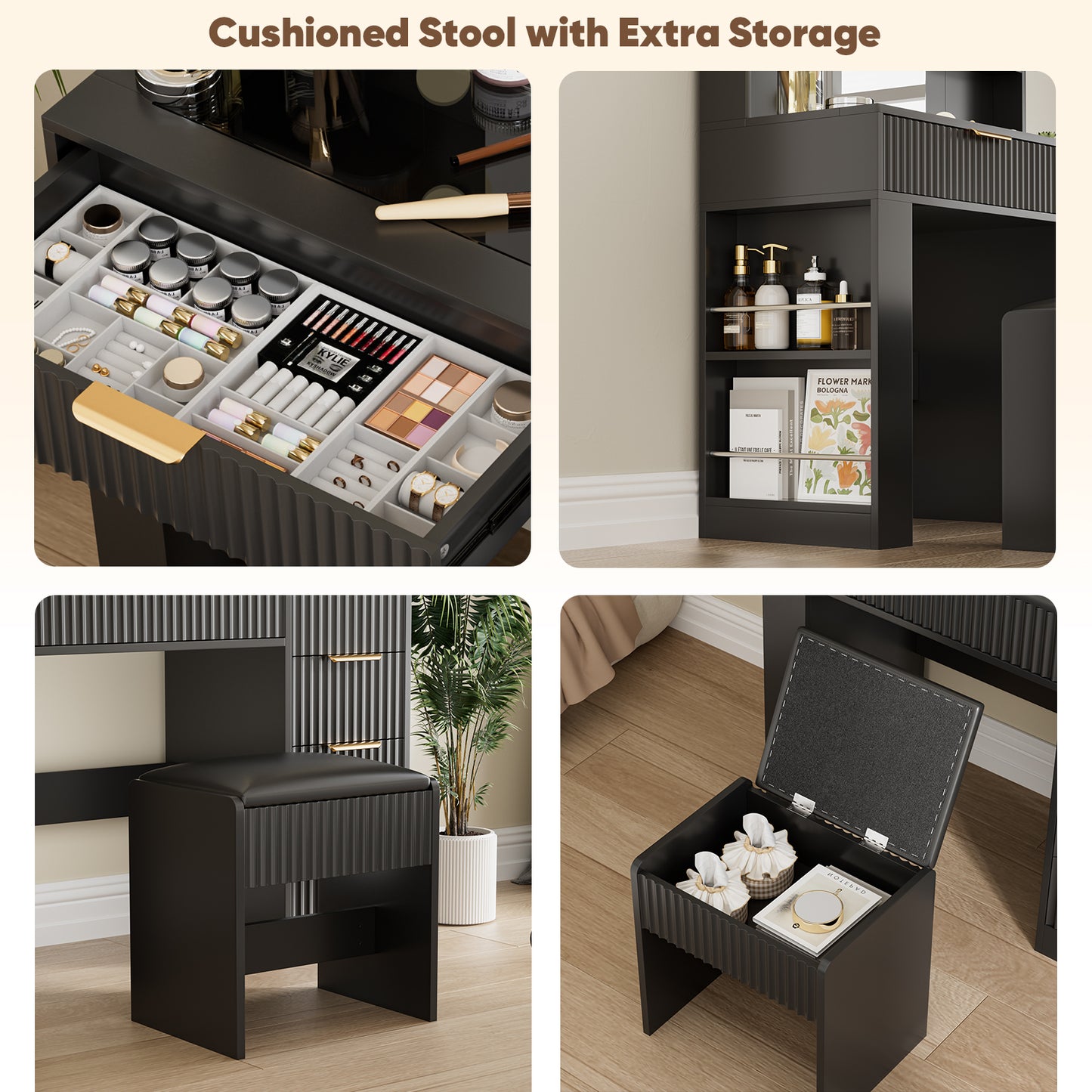 Save 50% - 37" Fluted Makeup Vanity Desk with LED Mirror, 5 Drawers & Glass Top, Vanity Table with Cabinet, Chair and Charging Station, 3 Light Modes for Bedroom