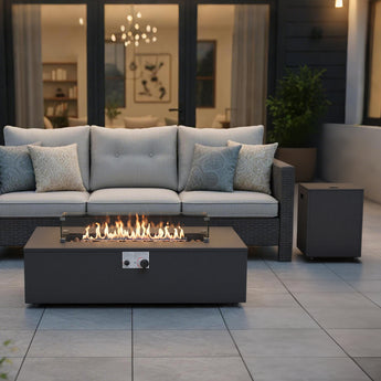 43" Rectangular Propane Outdoor Fire Pit Table, 55,000 BTU Firepit with Tank Storage Table & Waterproof Cover - Belord