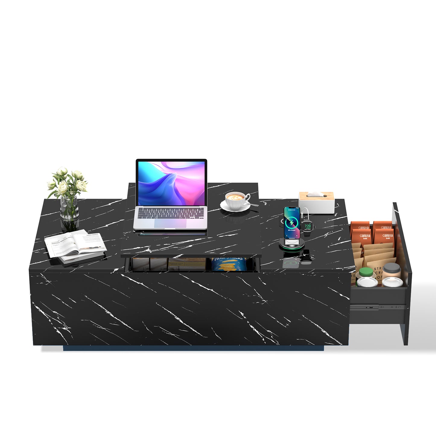 Save 50% - 47.2" LED Lift Top Coffee Table with Wireless Charging & Bluetooth Speaker – Smart Living Room Table with Drawers and Large Storage