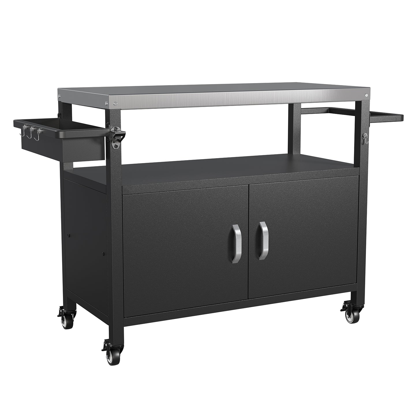 52" Black Outdoor Kitchen Island with Stainless Steel Tabletop, Metal Grill Cart with Storage Cabinet & 4 Lockable Wheels