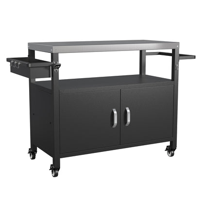 52" Black Outdoor Kitchen Island with Stainless Steel Tabletop, Metal Grill Cart with Storage Cabinet & 4 Lockable Wheels