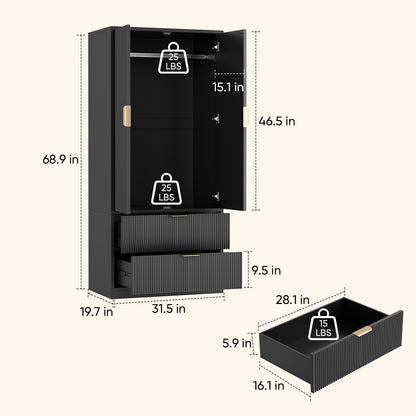 Save 50% - 70" Modern Wooden Wardrobe Closet with 2 Doors & 2 Drawers – Clothing Storage Armoire with Hanging Rod and Gold Handles for Bedroom