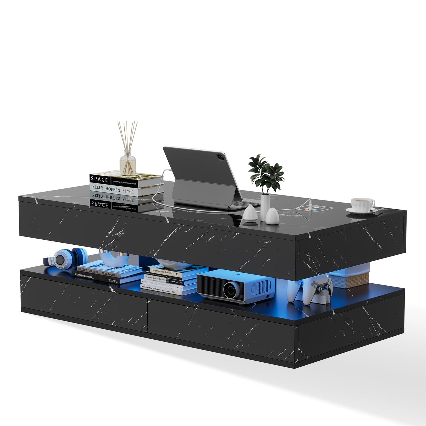 Save 50% - 47" Modern LED Coffee Table with Wireless Charging & Bluetooth Speaker – High-Gloss Double-Layer Design with 2 Drawers and Marble Effect Finish