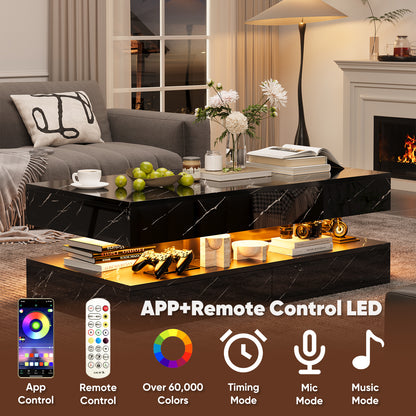 Save 50% - 47" Modern LED Coffee Table with Wireless Charging & Bluetooth Speaker – High-Gloss Double-Layer Design with 2 Drawers and Marble Effect Finish