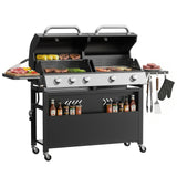 Black Belord 2-in-1 outdoor gas griddle with dual covers, foldable side table, and hooks, ideal for camping and backyard barbecues.
