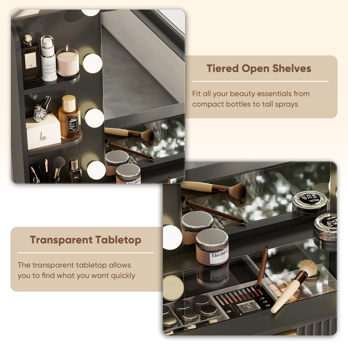 Save 50% - 37" Fluted Makeup Vanity Desk with LED Mirror, 5 Drawers & Glass Top, Vanity Table with Cabinet, Chair and Charging Station, 3 Light Modes for Bedroom