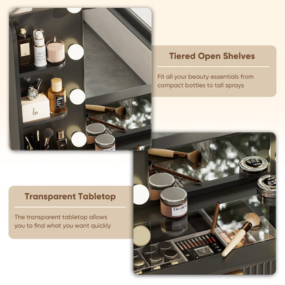 Save 50% - 37" Fluted Makeup Vanity Desk with LED Mirror, 5 Drawers & Glass Top, Vanity Table with Cabinet, Chair and Charging Station, 3 Light Modes for Bedroom