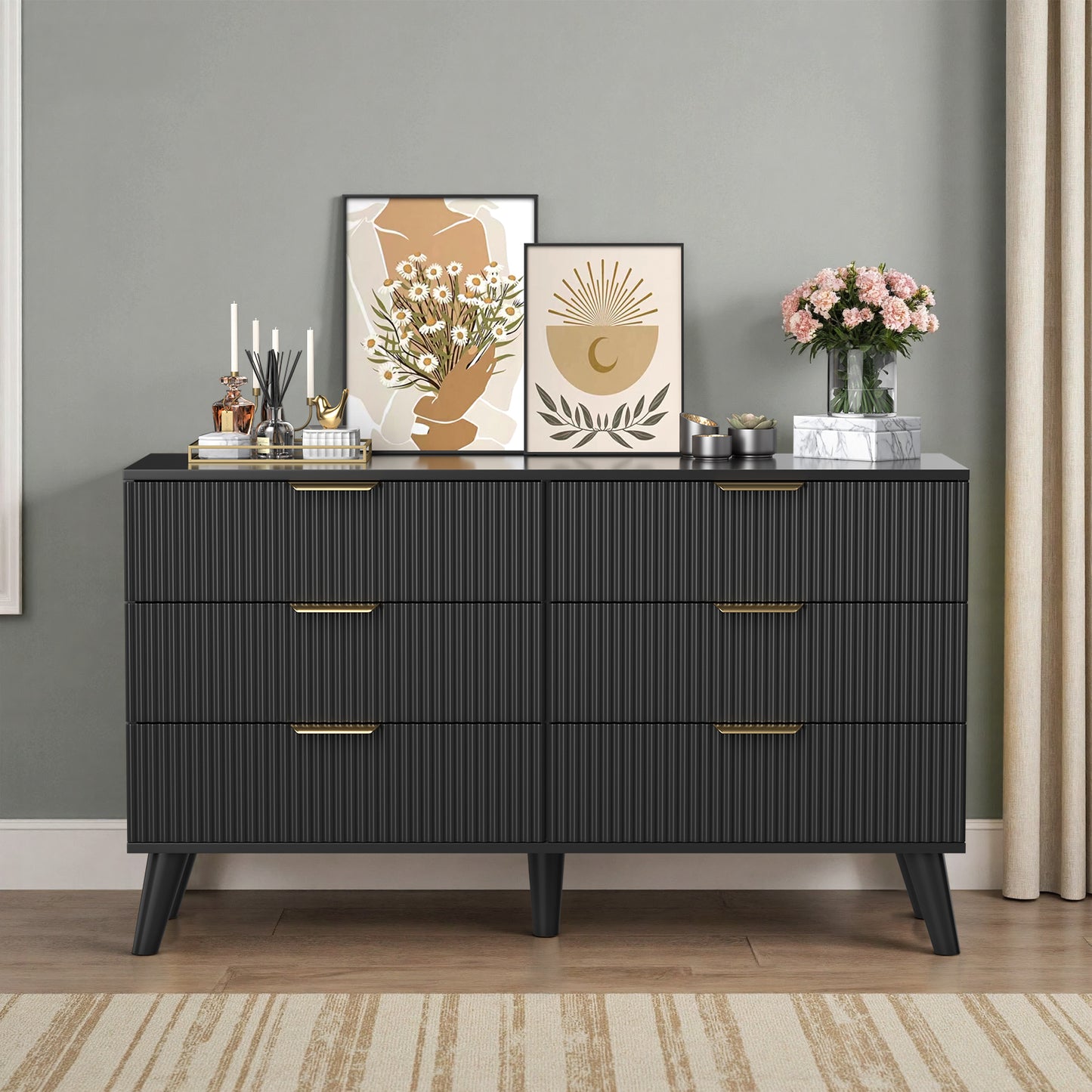 Save 50% - 47" Modern Wood Dresser with 6 Drawers – Fluted Boho Design, Chest of Drawers for Bedroom