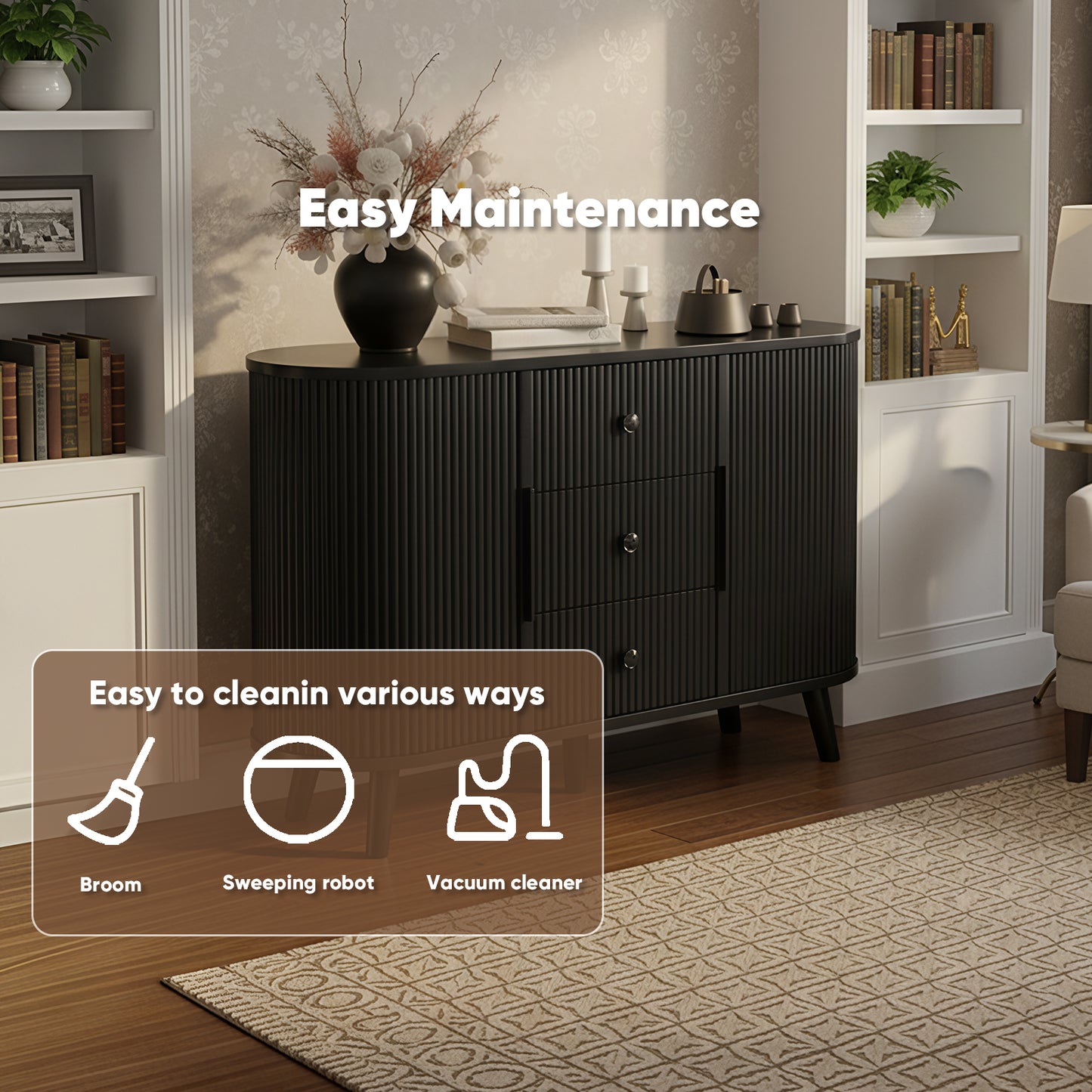 Save 50% - 47" Sideboard Buffet Cabinet with Fluted Tambour Doors, Adjustable Shelves, 3 Drawers – Modern Kitchen Storage & Coffee Bar Console