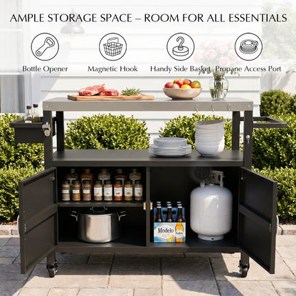 52" Black Outdoor Kitchen Island with Stainless Steel Tabletop, Metal Grill Cart with Storage Cabinet & 4 Lockable Wheels